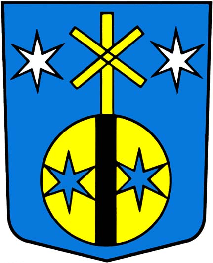 In Blau eine goldene Kugel, belegt mit einem von 2 sechsstrahligen blauen Sternen.beseiteten schwarzen Pfahl und besteckt mit einem goldenen Stab, dieser überdeckt von einem ebensolchen Andreaskreuz, im Schildhaupt beseitet von 2 sechsstrahligen silbernen Sternen